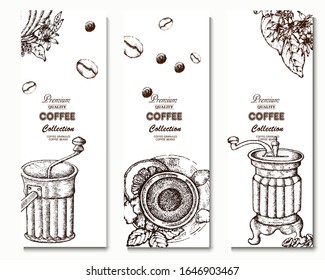 Coffee illustration. Hand drawn vector banner. Coffee maker, beans, branch, flowers, tea