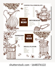 Coffee illustration. Hand drawn vector banner. Coffee maker, teapot,  beans, flower, branch. Menu. 