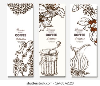 Coffee illustration. Hand drawn vector banner. Coffee maker, beans, branch, flowers, lilly, glass