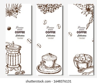Coffee illustration. Hand drawn vector banner. Coffee beans, branch, flowers, sugar, cup
