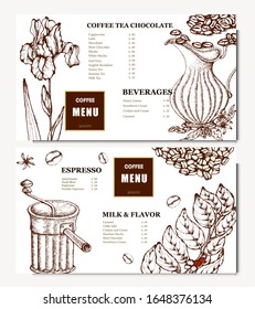 Coffee illustration. Hand drawn vector banner. Coffee maker, bag,  beans, flower, branch. Menu. 