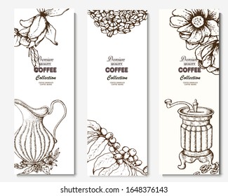 Coffee illustration. Hand drawn vector banner. Coffee maker, beans, branch, flowers