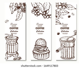 Ilustración del café. Banner vector dibujado a mano. Granos de café, rama, flores, torta, taza