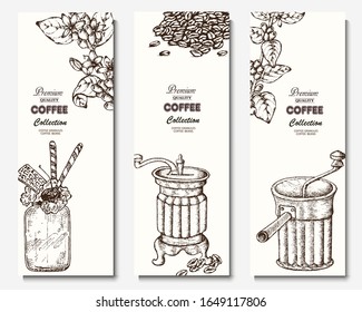 Coffee illustration. Hand drawn vector banner. Coffee maker, beans, branch, flowers