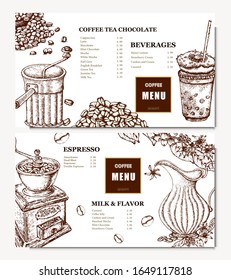 Coffee illustration. Hand drawn vector banner. Coffee maker, beans, flower, branch. Menu. 