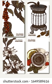 Coffee illustration. Hand drawn vector banner. Coffee maker, beans, branch, flowers, tea