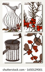 Coffee illustration. Hand drawn vector banner. Coffee maker, beans, branch, flowers