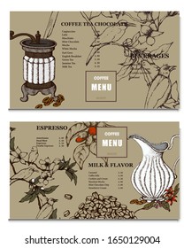 Coffee illustration. Hand drawn vector banner. Coffee maker, beans, flower, branch, birds. Menu. 