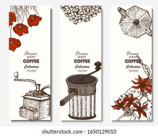 Coffee illustration. Hand drawn vector banner. Coffee maker,  beans, branch, flowers, teapot