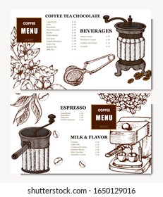 Coffee illustration. Hand drawn vector banner. Coffee maker, beans, flower, branch. Menu. 