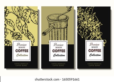 Coffee illustration. Hand drawn vector banner. Coffee beans, branch, flowers