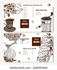 Coffee illustration. Hand drawn vector banner. Coffee maker, beans, flower, branch. Menu. 