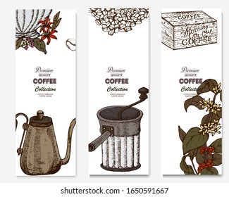 Coffee illustration. Hand drawn vector banner. Coffee beans, branch, flowers, box