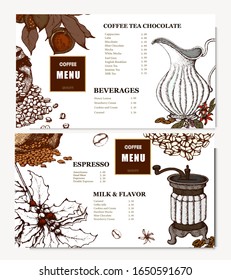 Coffee illustration. Hand drawn vector banner. Coffee maker, beans, flower, branch. Menu. 