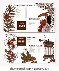 Coffee illustration. Hand drawn vector banner. Coffee maker, beans, flower, branch, bird. Menu. 