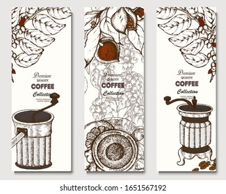 Coffee illustration. Hand drawn vector banner. Coffee beans, branch, flowers, tea