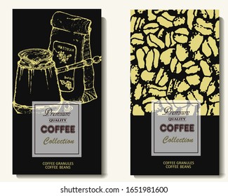 Coffee illustration. Hand drawn vector banner. Coffee maker, beans