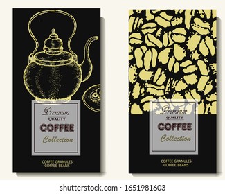 Coffee illustration. Hand drawn vector banner. Teapot, beans