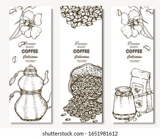 Coffee illustration. Hand drawn vector banner. Coffee beans, branch, flowers, teapot