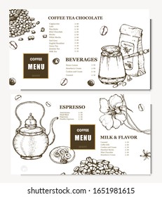 Coffee illustration. Hand drawn vector banner. Coffee maker, beans, flower, branch. Menu. 