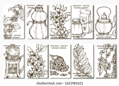 Coffee illustration. Hand drawn vector banner. Coffee maker, beans, branch, flowers, tea, bag