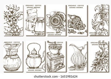 Coffee illustration. Hand drawn vector banner. Coffee maker, beans, branch, flowers, tea