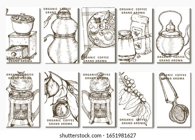 Coffee illustration. Hand drawn vector banner. Coffee maker, beans, branch, flowers, tea