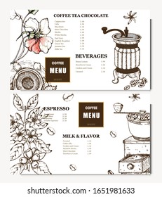 Coffee illustration. Hand drawn vector banner. Coffee maker, beans, flower, branch. Menu. 