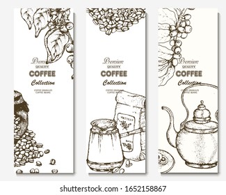 Coffee illustration. Hand drawn vector banner. Coffee beans, branch, flowers, teapot