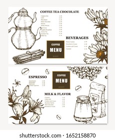 Coffee illustration. Hand drawn vector banner. Coffee maker, beans, flower, branch. Menu. 