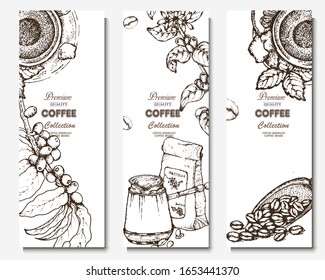 Coffee illustration. Hand drawn vector banner. Coffee beans, branch, flowers, teapot, spoon