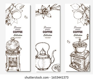 Coffee illustration. Hand drawn vector banner. Coffee maker, beans, branch, flowers, teapot