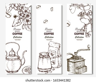 Coffee illustration. Hand drawn vector banner. Coffee maker, beans, branch, flowers, teapot