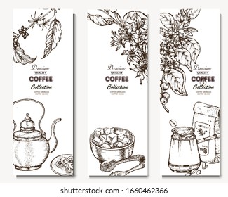 Coffee illustration. Hand drawn vector banner. Coffee maker, beans, flower, branch, sugar. Menu. 