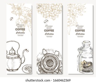 Coffee illustration. Hand drawn vector banner. Coffee beans, flower, branch, tea. Menu. 