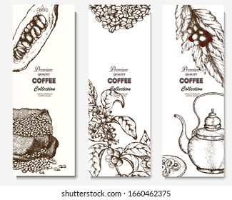 Coffee illustration. Hand drawn vector banner. Coffee maker, cocoa beans, flower, branch, teapot. Menu. 