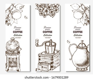 Coffee illustration. Hand drawn vector banner. Coffee maker, flower, branch, orange. 