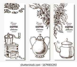 Coffee illustration. Hand drawn vector banner. Coffee beans, flower, branch, teapot. 