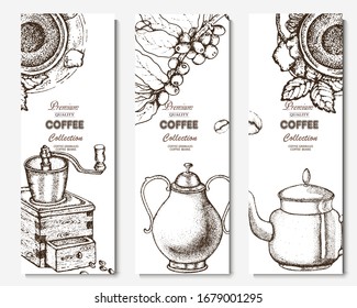 Coffee illustration. Hand drawn vector banner. Coffee beans, flower, branch, tea. 