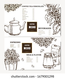 Coffee illustration. Hand drawn vector banner. Coffee maker, beans, flower, branch. Menu. 