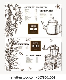 Coffee illustration. Hand drawn vector banner. Coffee maker, beans, flower, branch. Menu. 