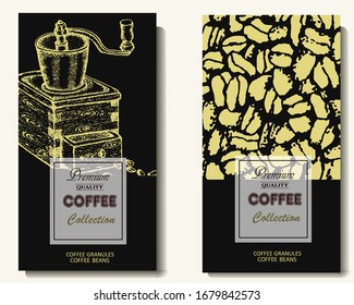 Coffee illustration. Hand drawn vector banner. Coffee maker, beans