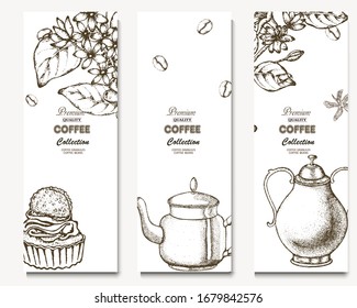 Coffee illustration. Hand drawn vector banner. Coffee maker, flower, branch. 