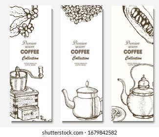 Coffee illustration. Hand drawn vector banner. Coffee maker, flower, branch. 