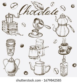 Coffee illustration. Hand drawn vector banner. Coffee maker, beans, flower, branch, teapot.