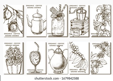 Coffee illustration. Hand drawn vector banner. Coffee maker, beans, flower, branch, teapot.