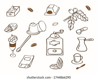 Coffee illustration. Hand drawn vector set. Coffee maker, beans, capsule, latte, cup, spoon and chocolate
