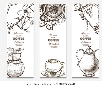 Coffee illustration. Hand drawn vector banner. Coffee cup, flower, branch. 