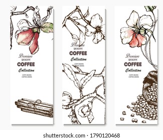 Coffee illustration. Hand drawn vector banner. Coffee bag, beans, flower, branch. 