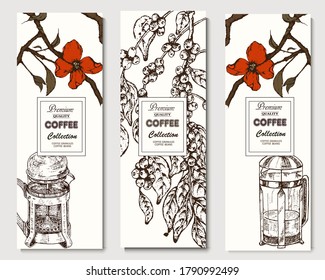 Kaffeemaschine. Handgezeichneter Vektorbanner. Kaffeemaschine, Bohnen, Blume, Ast, Teekanne